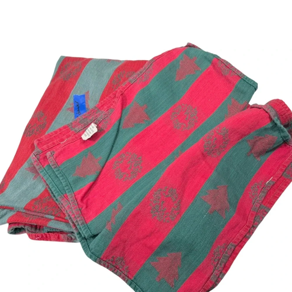 Red Green Striped Christmas Tablecloth Napkin Set Hand Woven Holiday Trees